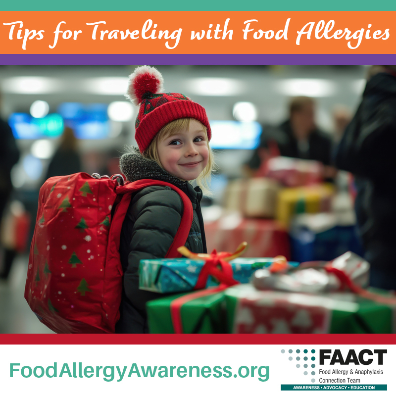 A child in an airport with a backpack. The text reads, "Tips for Traveling with Food Allergies"